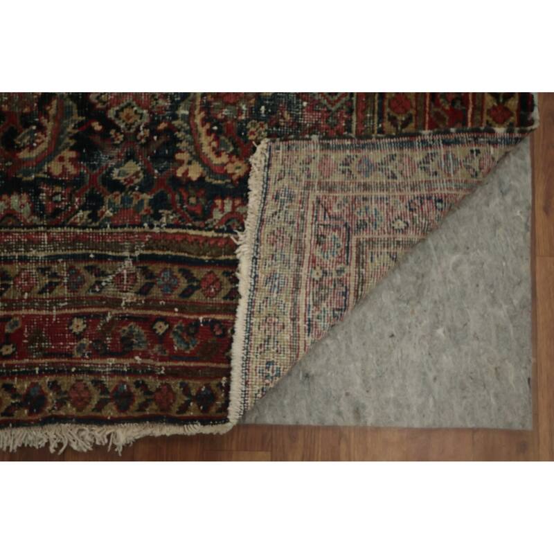 Hand Knotted Oriental 100% Wool Carpet Traditional Floral Navy Blue & Blues Malayer Runner Rug - 11' 4'' X 3' 7''