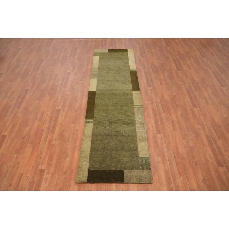 Hand Knotted Oriental 100% Wool Carpet Modern Solid Green Gabbeh Runner Rug - 9' 10'' X 2' 10''