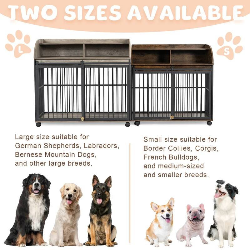 44" Wooden Large Dog Crate Furniture with Wheels and Double Storage