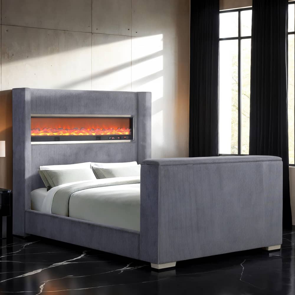 Furniture of America Gaia Modern Chenille Bed with 50-inch TV Lift and 3D Fireplace Simulator