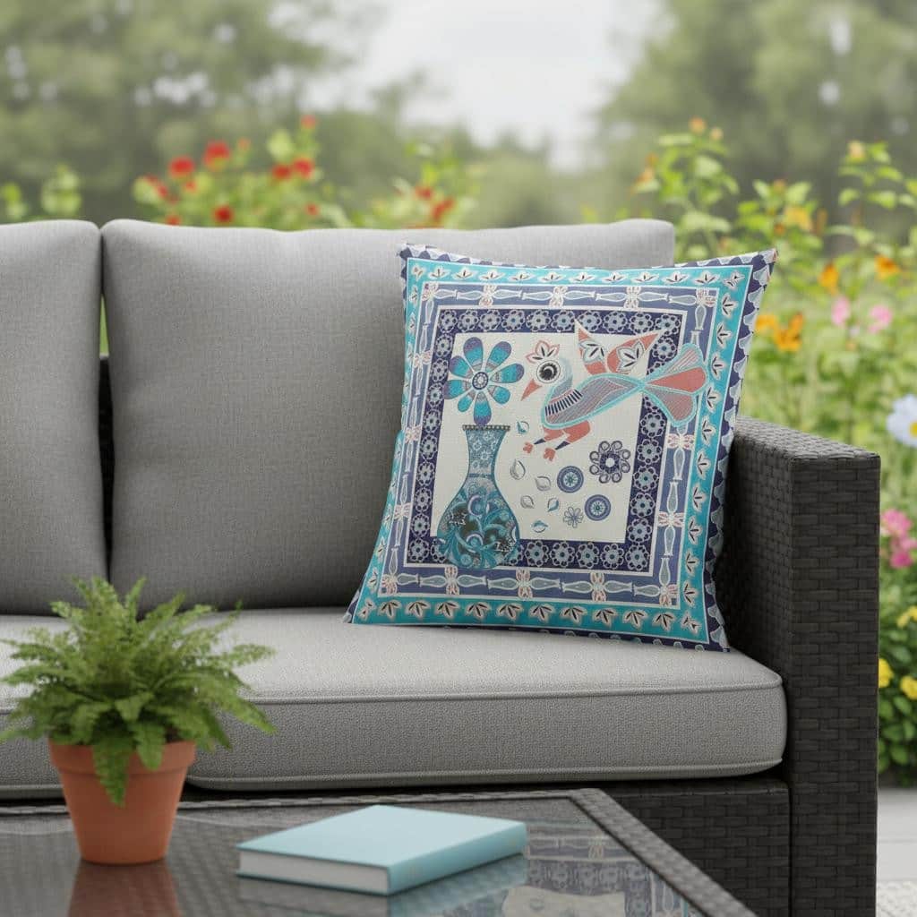 HomeRoots 18" x 18" Blue and Off White Peacock Blown Seam Floral Indoor Outdoor Throw Pillow - 18.00' X '5.00' X '18.00