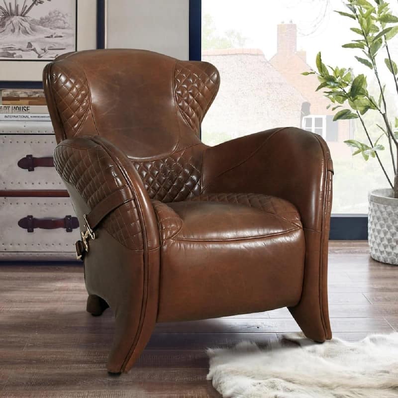 Pasargad Home Aspen Top Grain Leather Wing Chair, Brown - W31"xD34.5"xH33.5"