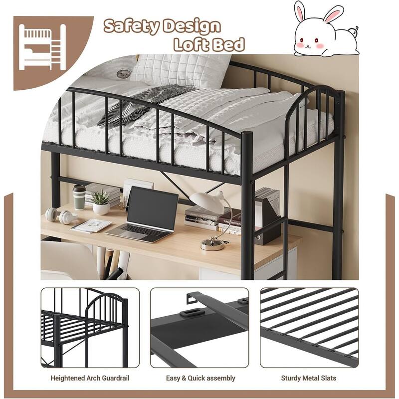 Space-Saving Twin Metal Loft Bed Frame, Safety Ladder, No Box Spring Needed