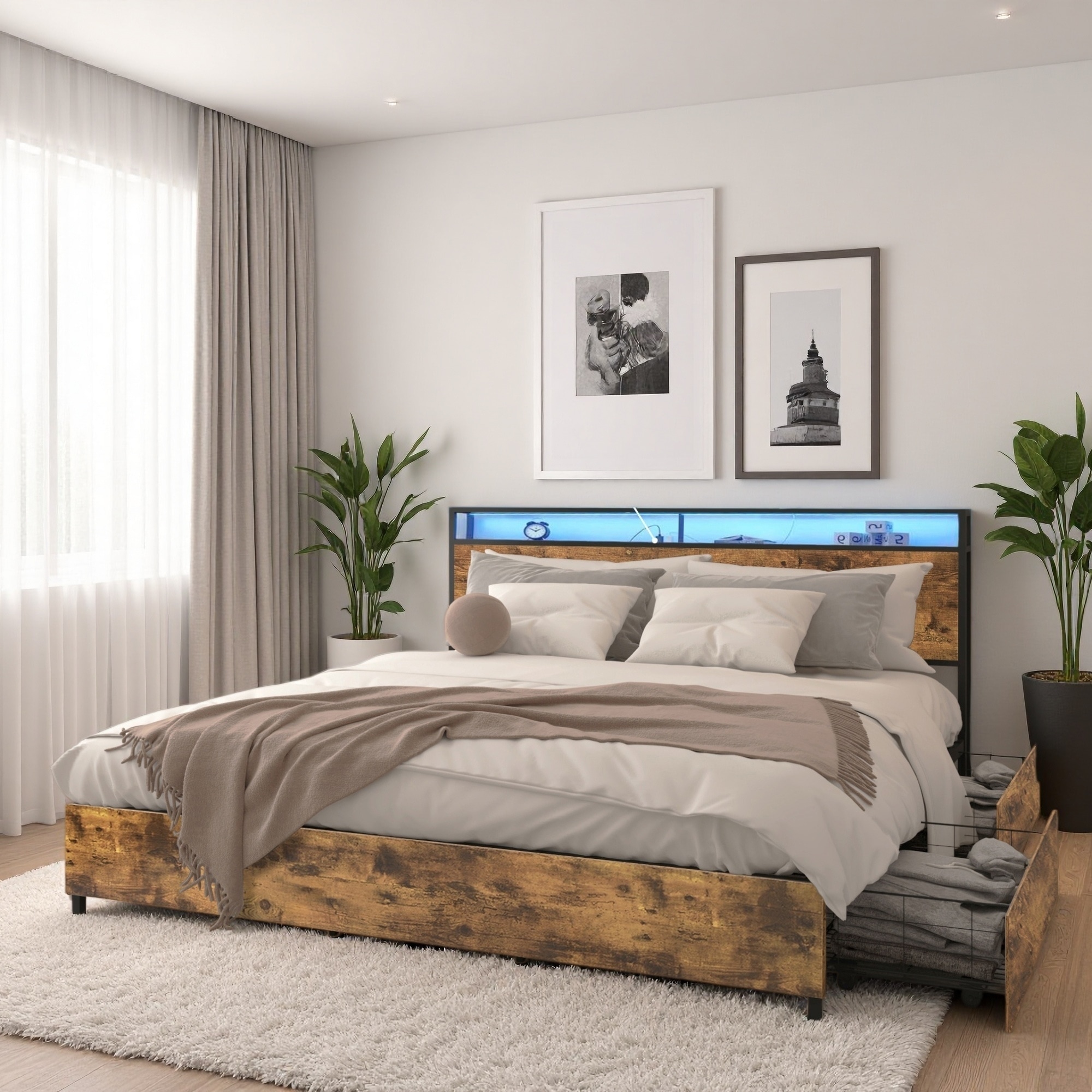 Metal Platform Bed Frame with Storage Headboard and Charging Station