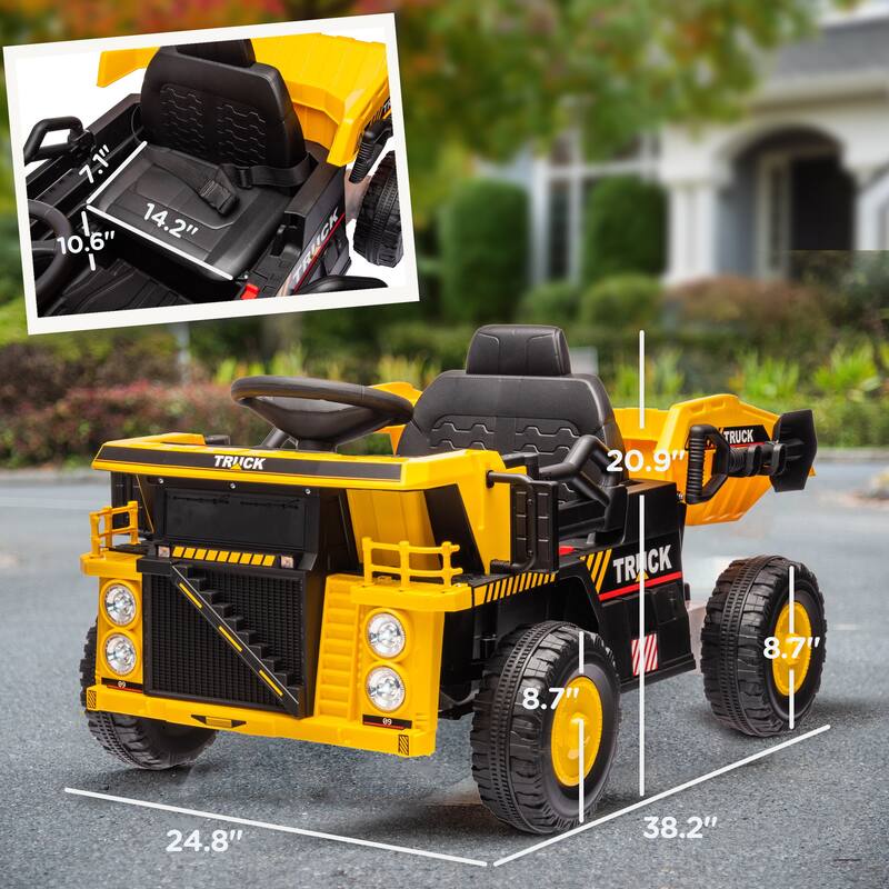 12V Kids Ride-On Dump Truck with Electric Dump Bed, Music, LED Headlights, Spring Suspension, Ages 3-5