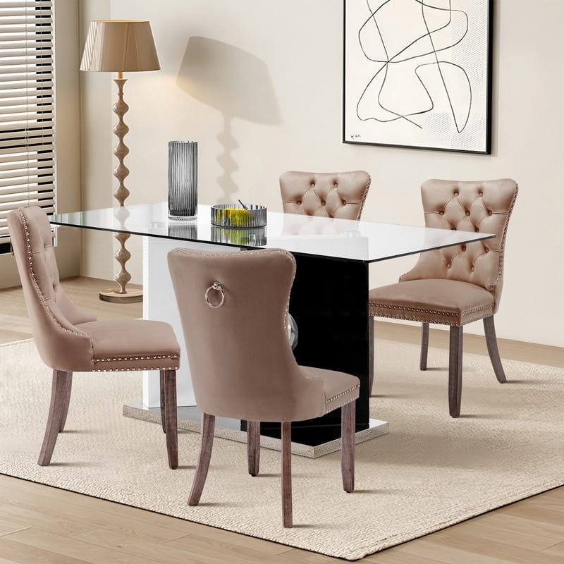 Solid Wood Velvet Upholstered Dining Chair Set of 4 - Khaki
