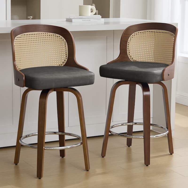 26" Upholstered Swivel Counter & Bar Stool with Rattan Back - 37.4"H x 19.09"W x 19.88"D - Set of 2 - Grey