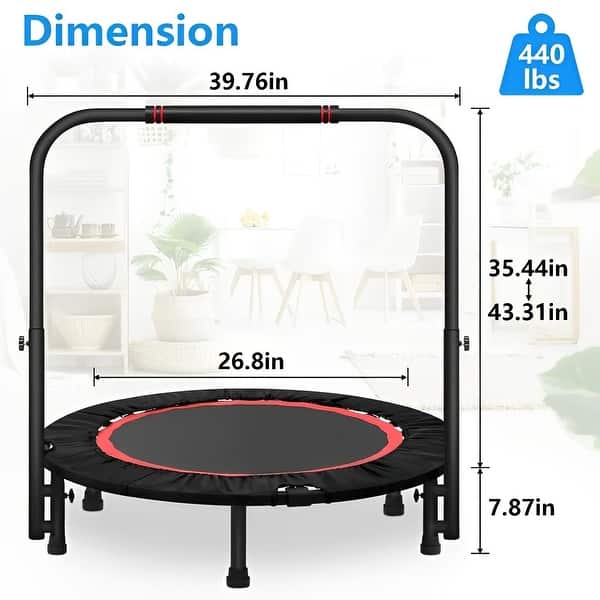 40 Inch Mini Exercise Trampoline Foldable with Adjustable Handle Max Load 440lbs for Adults or Kids