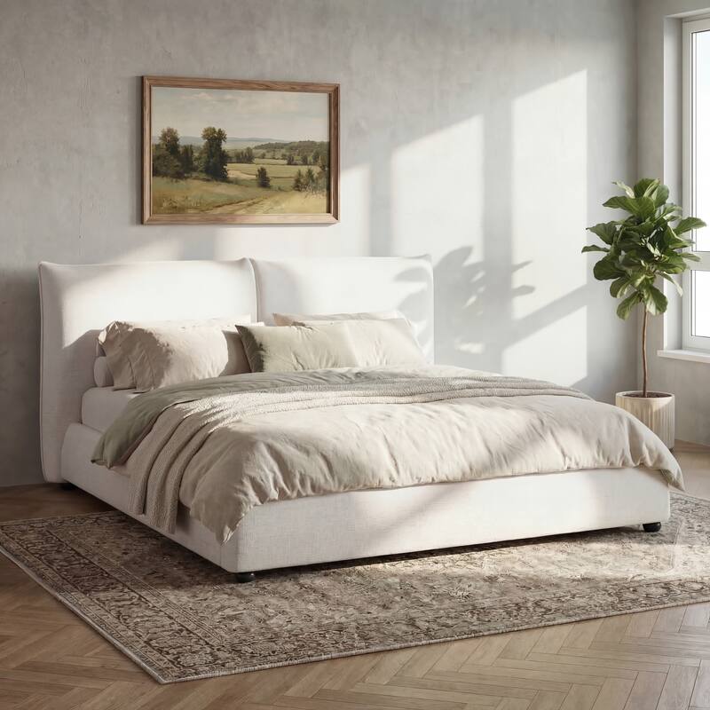 Christopher Knight Home - Naomi Modern Linen Upholstered Platform Bed with Pillow-Back Headboard