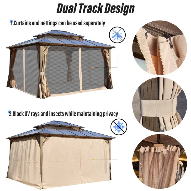 EROMMY Outdoor Wood Gazebo with Double Polycarbonate Roof, Heavy Duty Backyard Patio Pergola Canopy for Garden Shade