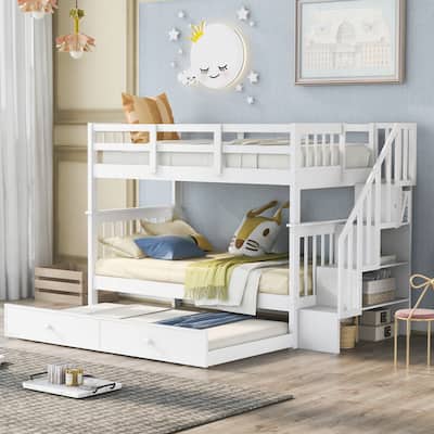 Stairway Twin-over-twin White Bunk Bed with Twin Size Trundle, High Quality Solid Pine Legs and Durable Frame for Bedroom