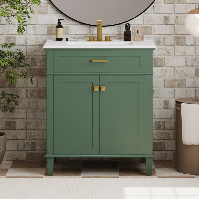30'' Bathroom Vanity with Ceramic Sink Top, Freestanding Bathroom Vanity Cabinet with 2 Soft Close Doors and Adjustable Shelves