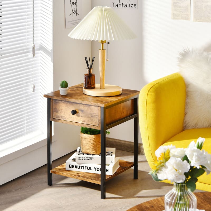 Gymax Industrial End Side Table Nightstand with Drawer Shelf Rustic - 16'' x 16'' x 22''