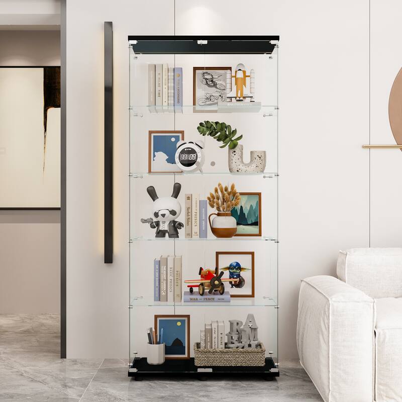Glass Display Cabinet with 5-Shelves & 2 Doors, Floor Standing Curio Bookshelf, for Living Room Bedroom Study or Collection Room - Black
