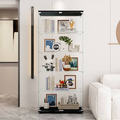 Glass Display Cabinet with 5 Shelves Double Door Tempered Glass Curio Cabinets, Floor Standing Bookshelf for Living Room Bedroom