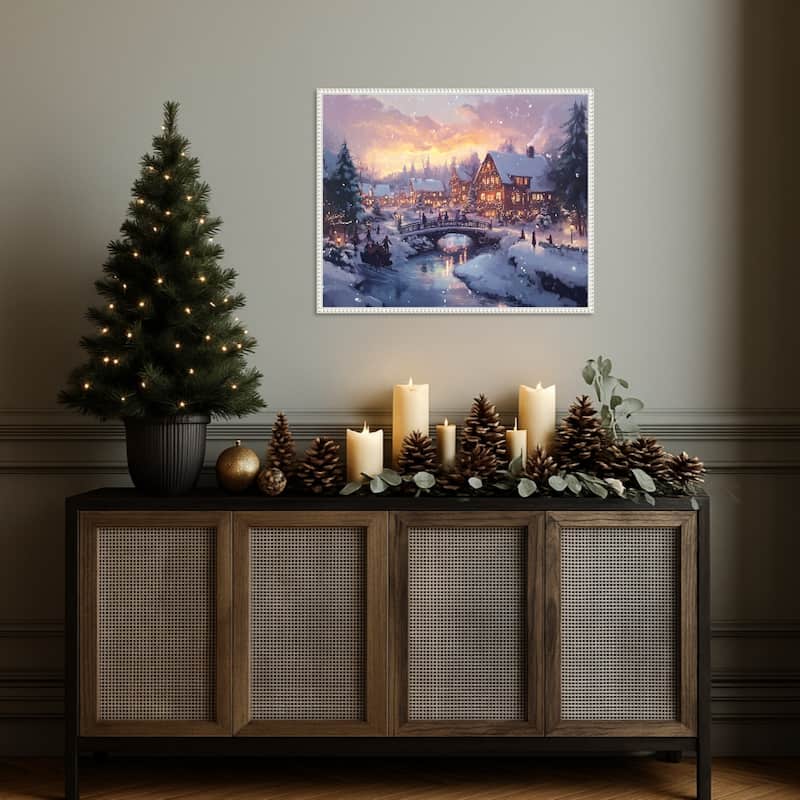 Pictufy Christmas Village by Pictufy (28 x 23 in.), Framed Canvas Wall Art Print - Sylvie Beaded White