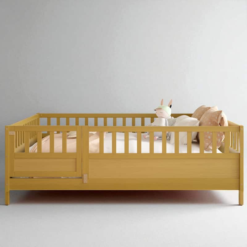Montessori Twin/Full Size Wooden Floor Bed with Safety Fence and Door, Low Platform Bed Frame for Kids Toddlers