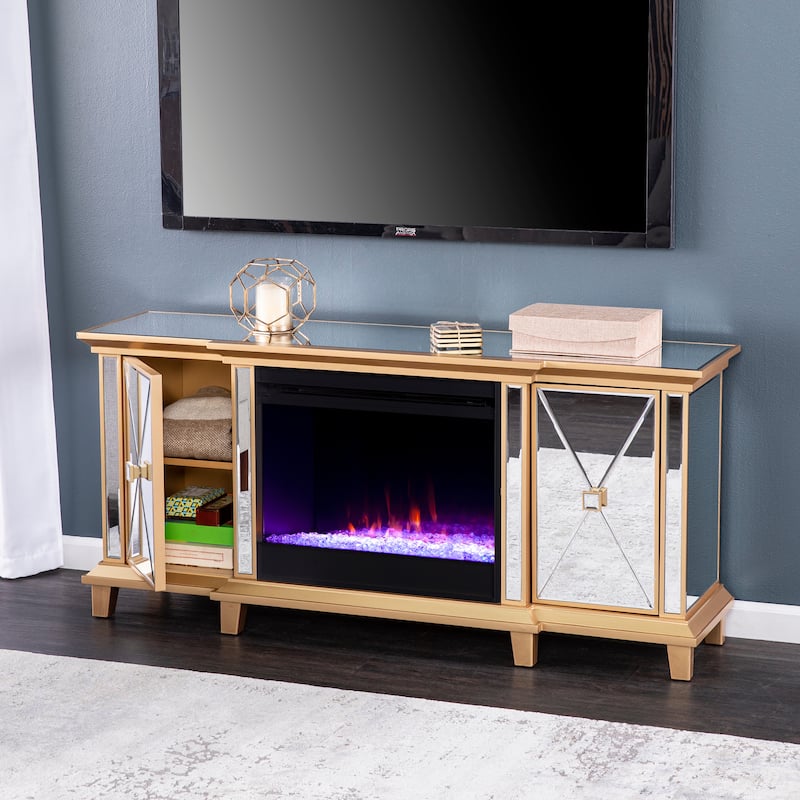 SEI Furniture Mirrored Media TV Stand with Color Changing Fireplace Insert for TV's up to 62"