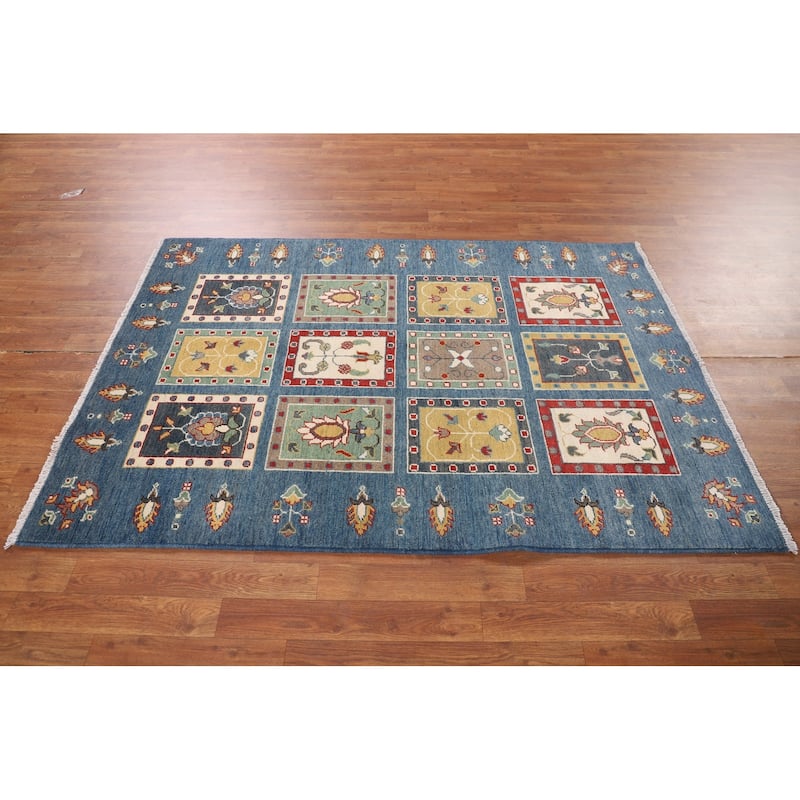 Blue Geometric Kazak Area Rug Hand-Knotted Wool Carpet - 4'2" x 5'11"