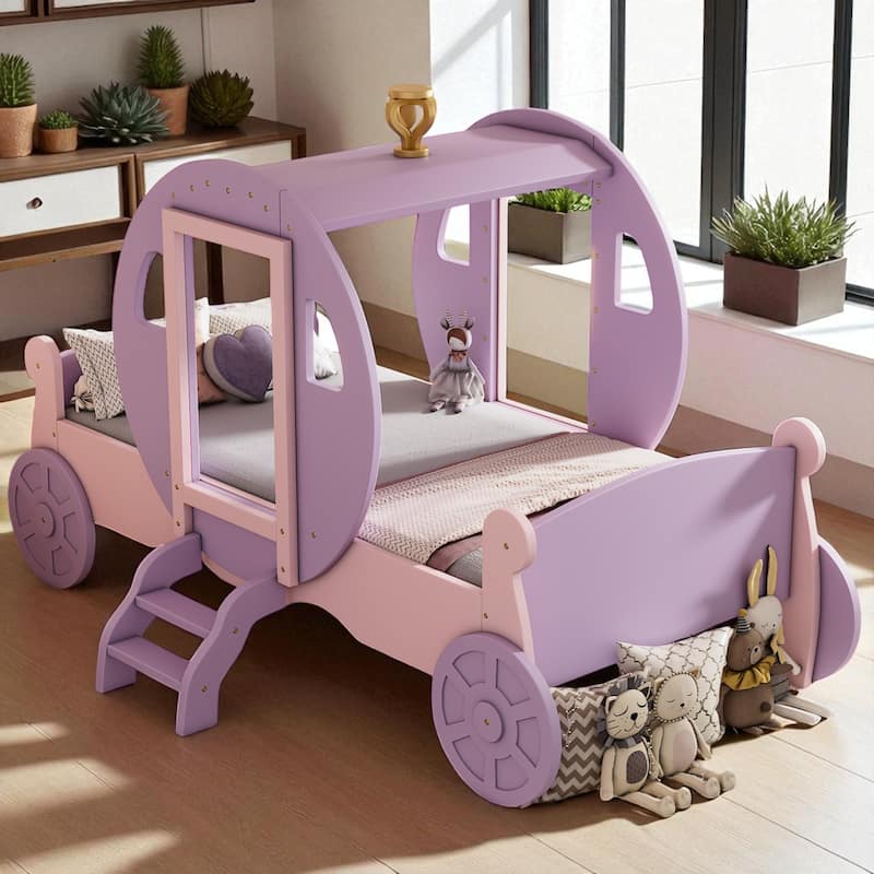 Twin Size Princess Carriage Bed with Crown and Stairs, Kids Wooden Platform Bed Frame with Slats and Fairy Tale Design