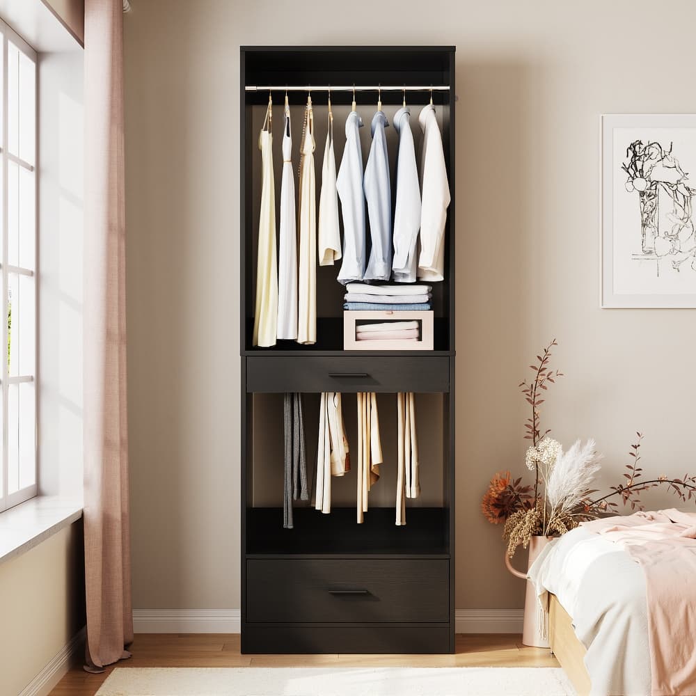 Qvella 23.6'' W Closet System with Hanging Rods and Wooden Drawers, Modular Walk-In Closet Organizer with Pants Rack