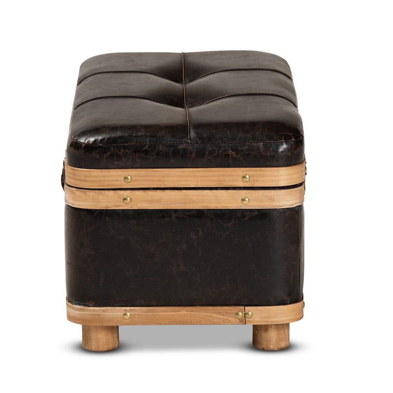 Gendry Modern Rustic Faux Leather and Wood Storage Ottoman Large