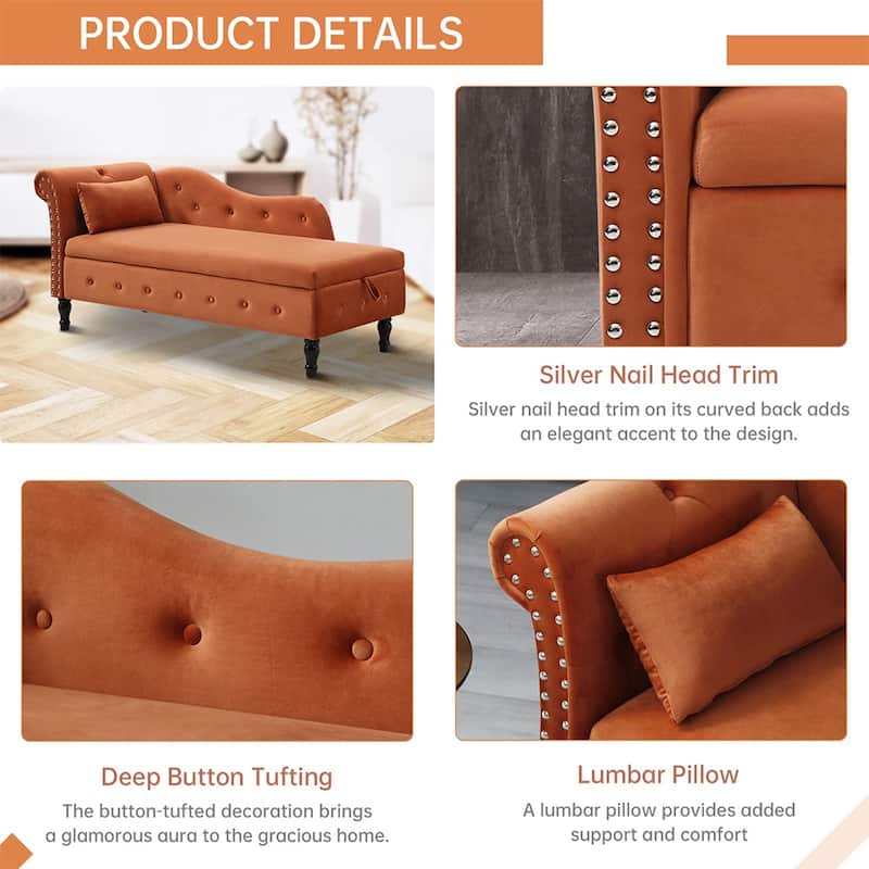 60"W Velvet Tufted Chaise Lounge, Storage Chaise Sofa, Solid Wood Leg - 25"D x 60"W x 27"H