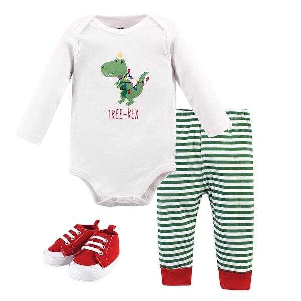 slide 1 of 1, Hudson Baby Infant Boy Cotton Bodysuit, Pant and Shoe 3pc Set, Tree Rex 0-3 Months - Tree Rex