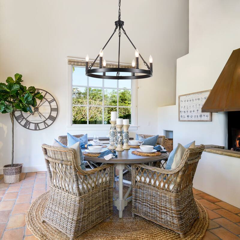 6-Light Farmhouse Candlestick Circle Iron Wagon Wheel Chandelier for Dining Room with No Bulbs Included