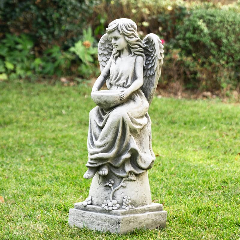 Glitzhome Vintage MgO Angel Distressed Garden Statue Sculpture with a Birdfeeder