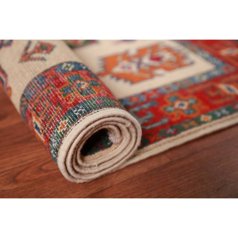 Geometric Kazak Foyer Rug Traditional Beige Handmade Wool Carpet - 2'8"x 4'1"