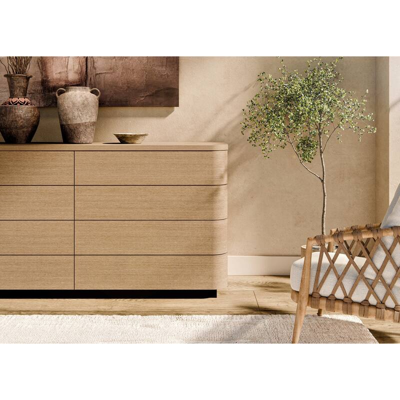 Oak 8-Drawer Dresser Buffet for Bedroom Wide Chest of Drawers with Anti-Tip Safety, Waterproof Top