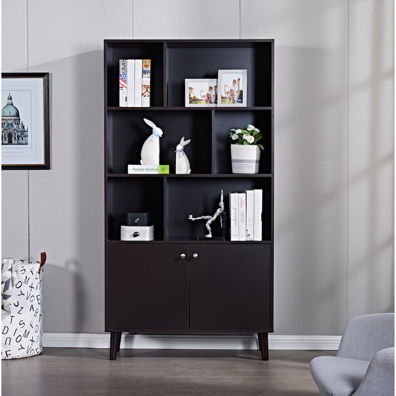 3-tier Wood Bookshelf Bookcase with 2 Bottom Enclosed Cabinet - Coffee