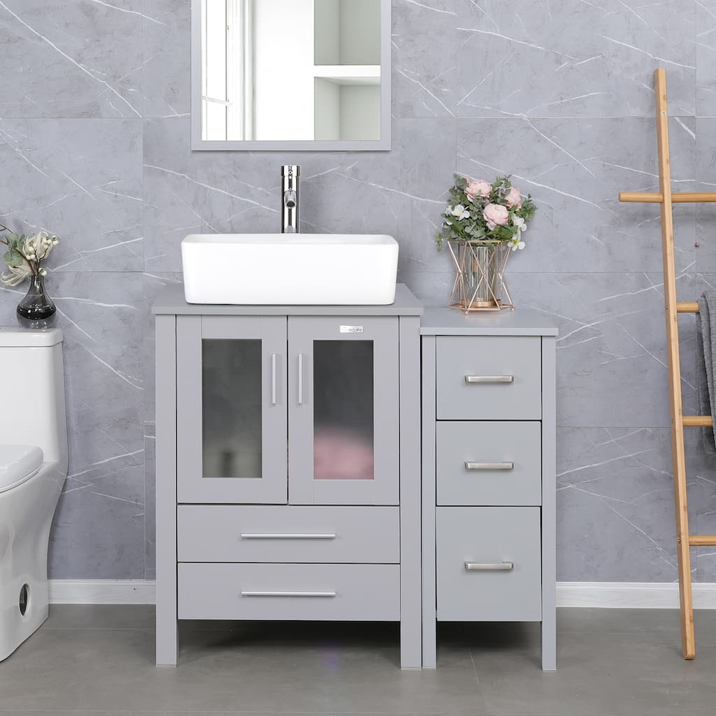 36" Bathroom Vanity Sink Gray Set with Side Cabinet Vessel Sink Faucet Combo