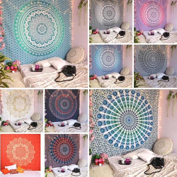 Indian White Queen Cotton Mandala Wall Hanging Tapestry Bedspread Beach Throw 