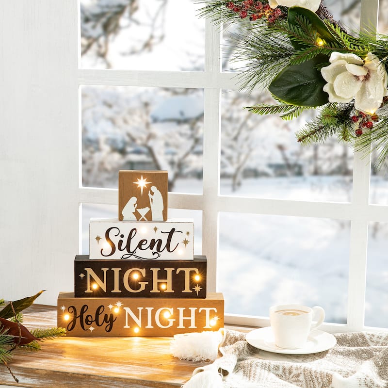 Glitzhome 12"H Lighted Wooden Nativity Block Word Sign