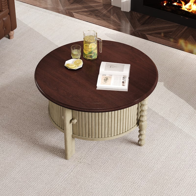 Round Slatted Coffee Table Accent Table with Storage Shelf, Modern Cocktail Table End Table with Sliding Door