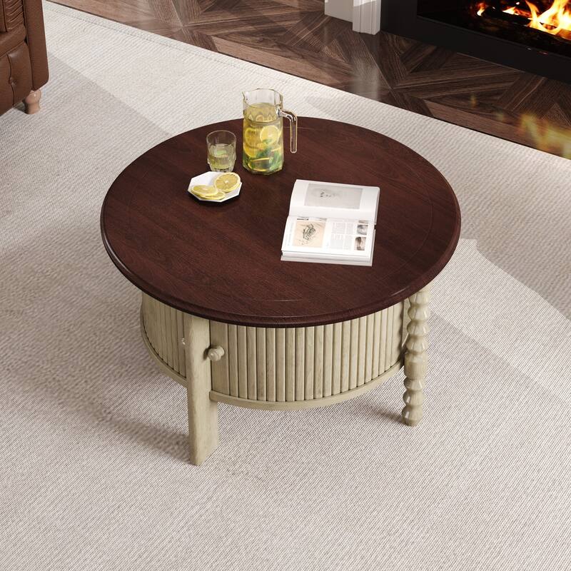 Vintage Round Coffee Table with Storage - Beige,Espresso