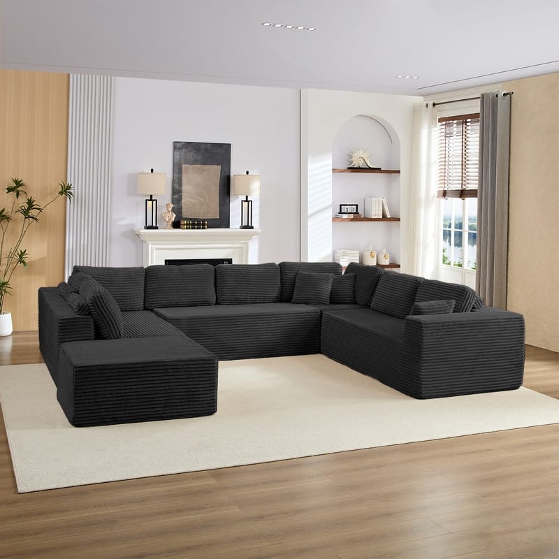 Corduroy 141'' Deep Seat Modular Sectional Sofa, Modern 8-Seater U-Shape Sofa Couch with Moveable Ottoman - Black - Symmetrical