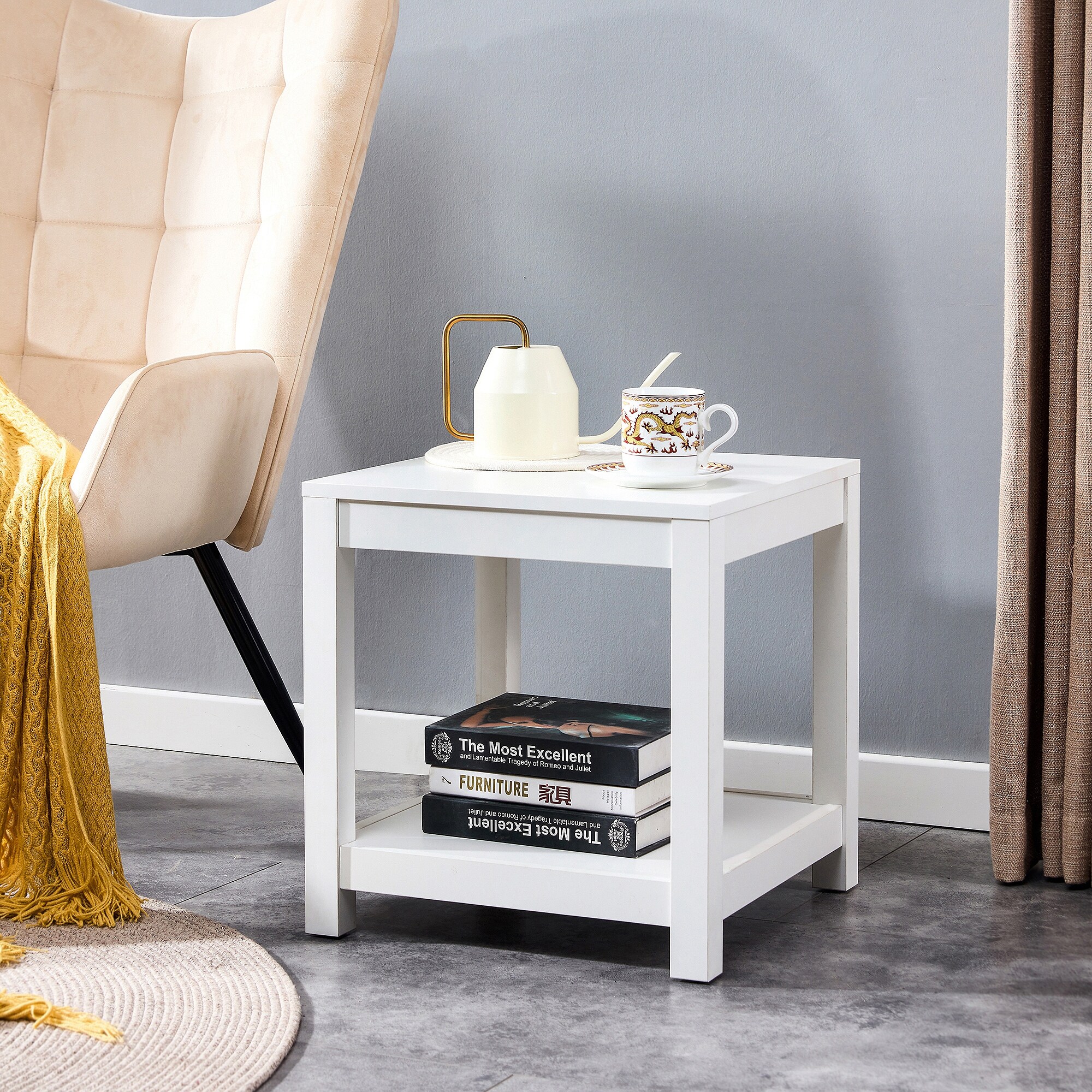 Simple white side table 2 tier small space end table night stand