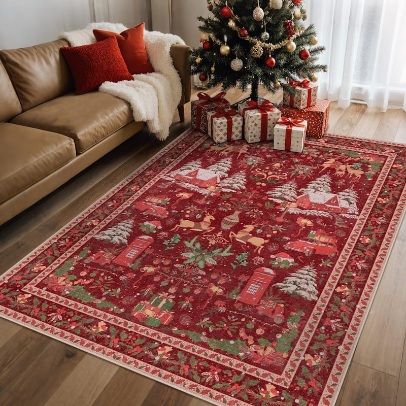Mcow Holiday Cheer Collection Machine-Washable Hallway Area Rug - 5' x 7' - Reindeer Red - Rectangle