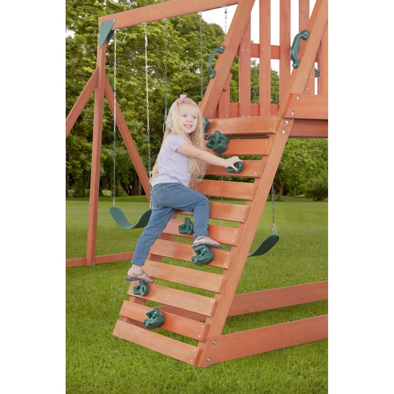 Cedar Chalet Wooden Swing Set with Slide, Climbing Wall & Ladder