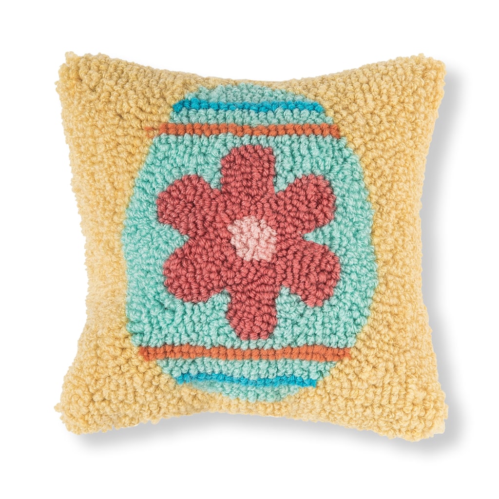8" x 8" Flower Egg Hooked Small/Petite Spring Easter Themed Accent Pillow