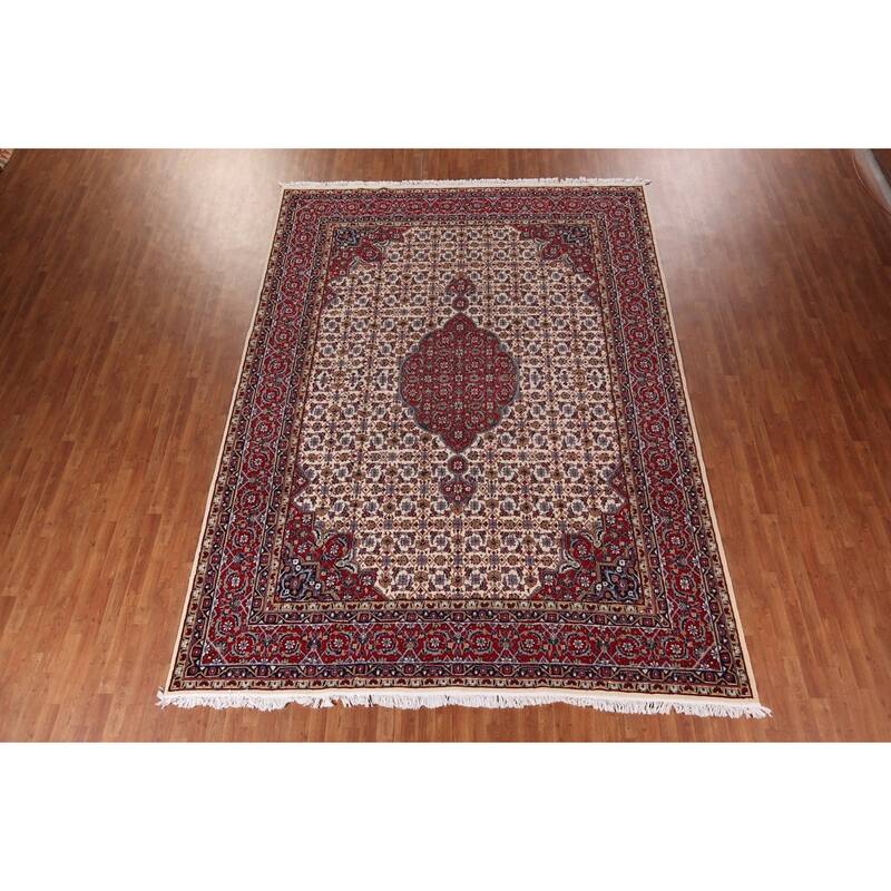 Ivory & Red Floral Kashan Turkish Area Rug Machine Made Carpet - 9'8" x 13'0"