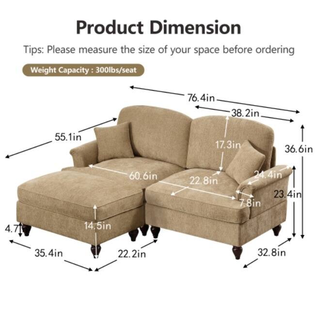 GDFStudio - Elegant Mid-Century Chenille 2-Seater 76.4" L-Shaped Modular Loveseat Sofa with Ottoman