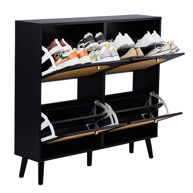 Space-Saving Black Shoe Cabinet with Dual-Tier Flip Storage and Breathable Rattan Panels - 41.34” (L) x 9.45” (W) x 38.58” (H)