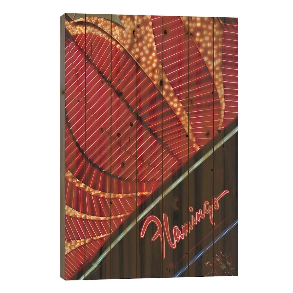 Neon Marquee, Flamingo Las Vegas, Paradise, Clark County, Nevada, USA Print On Wood by Walter Bibikow - Multi-Color