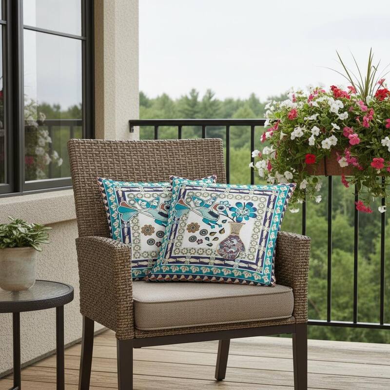 HomeRoots Set of Two 16" X 16" Blue and Purple Peacock Blown Seam Floral Indoor Outdoor Throw Pillow - 16.00' X '16.00' X '5.00 - Blue/Purple - 16.00' X '16.00' X '5.00