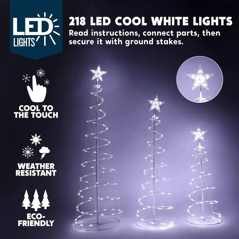 3, 4, 5 Ft Tall Cool White Metal and PVC Indoor Outdoor Spiral Christmas Tree LED Yard Light (Set of 3)