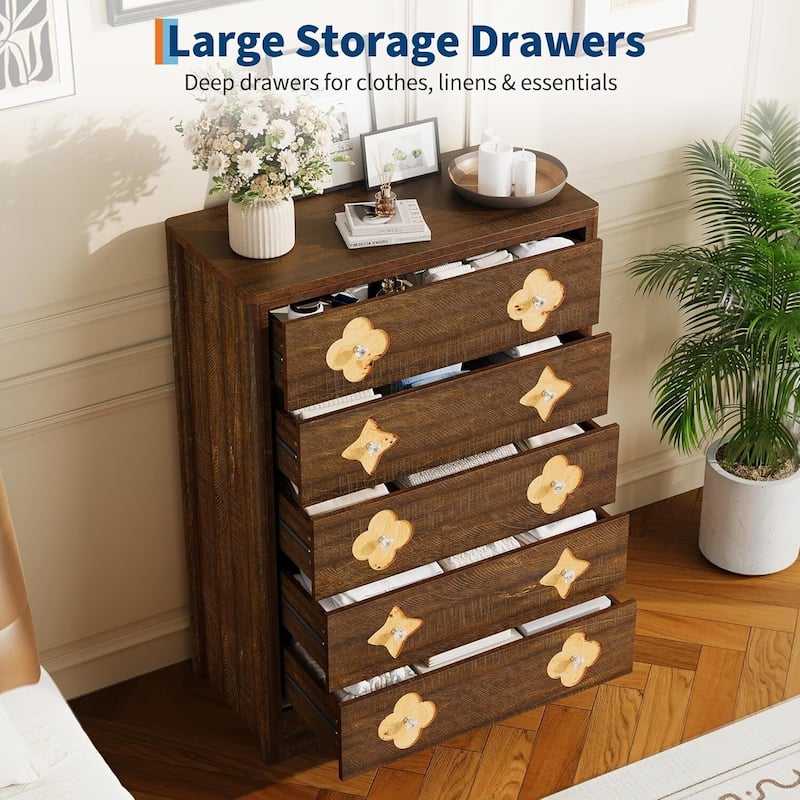 Fluted 5 Drawer Tall Dresser for Bedroom, Living Room, Hallway